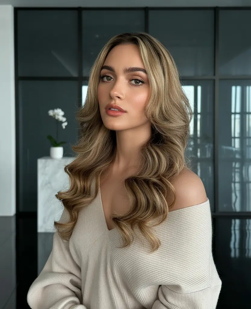 fall-latina-hair-color-Toasted-Bronde-Blowout-With-Sculpted-Waves