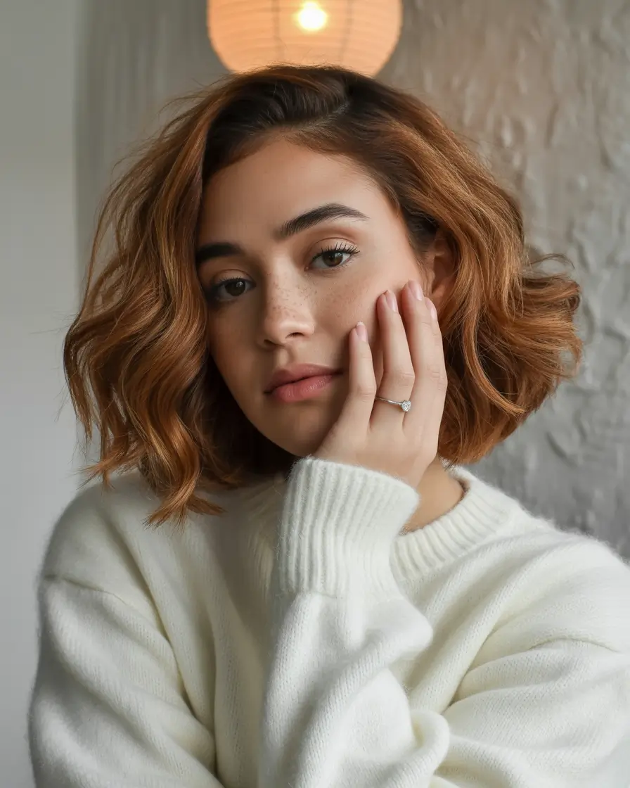 Brunettes 2025 short hair Cinnamon-Toned Wavy Bob Fall latina hair color