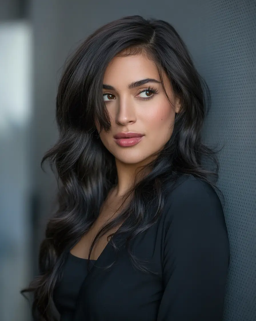 Trendy Silken Jet Black with Cascading Waves Fall latina hair color