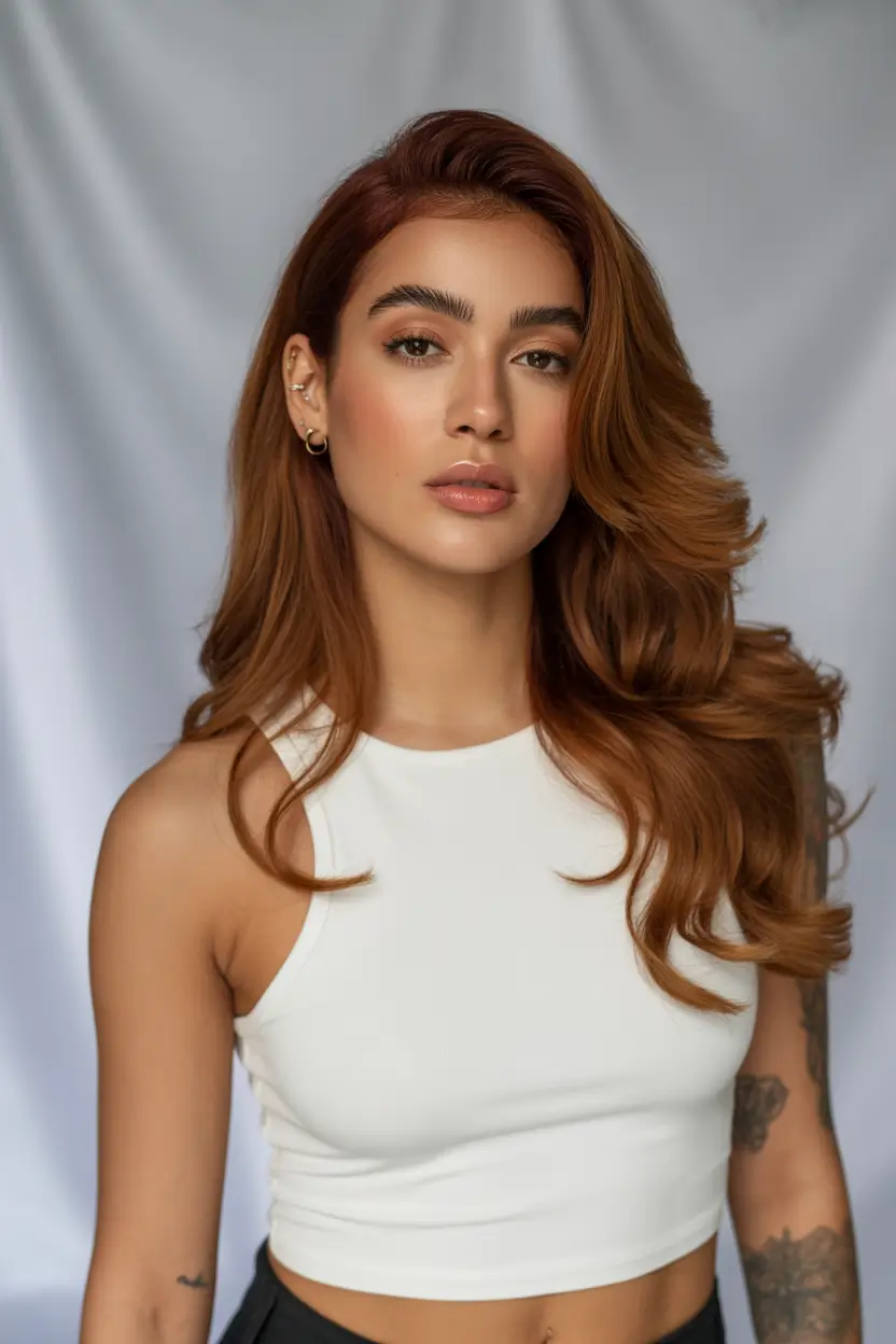 Trends 2025 red Warm Amber Spice Waves Fall latina hair color