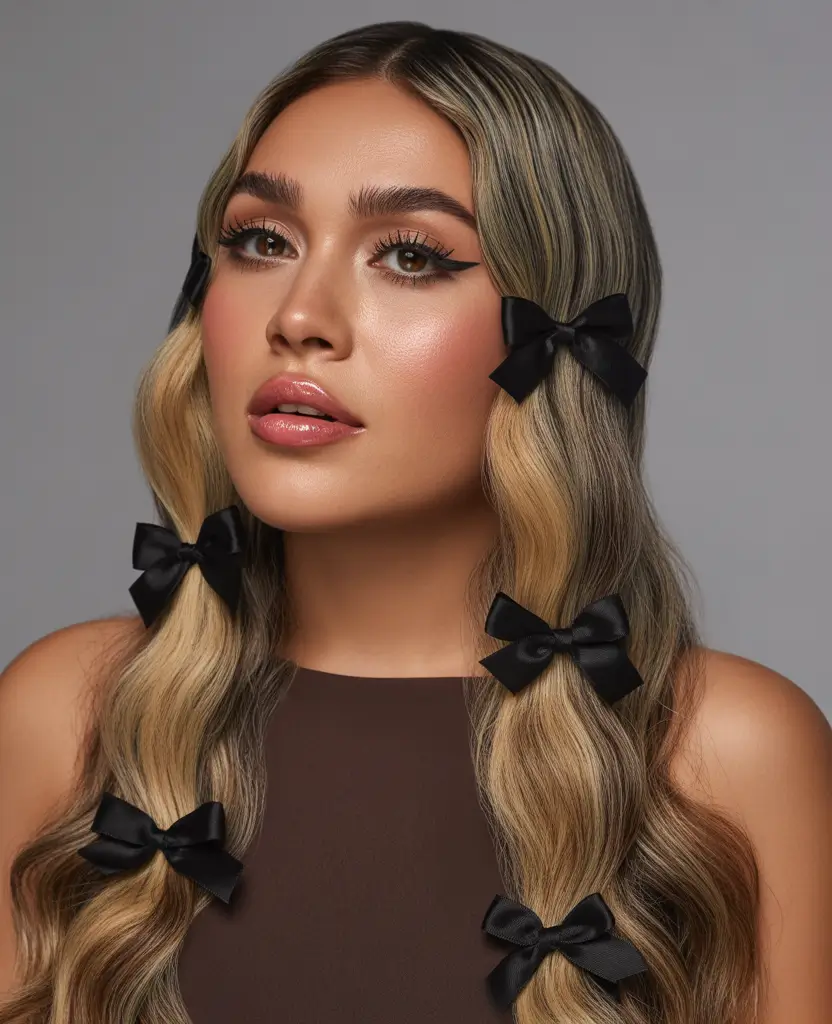 fall-latina-hair-color-Romantic-Blonde-Ribbon-Waves-With-Velvet-Bows