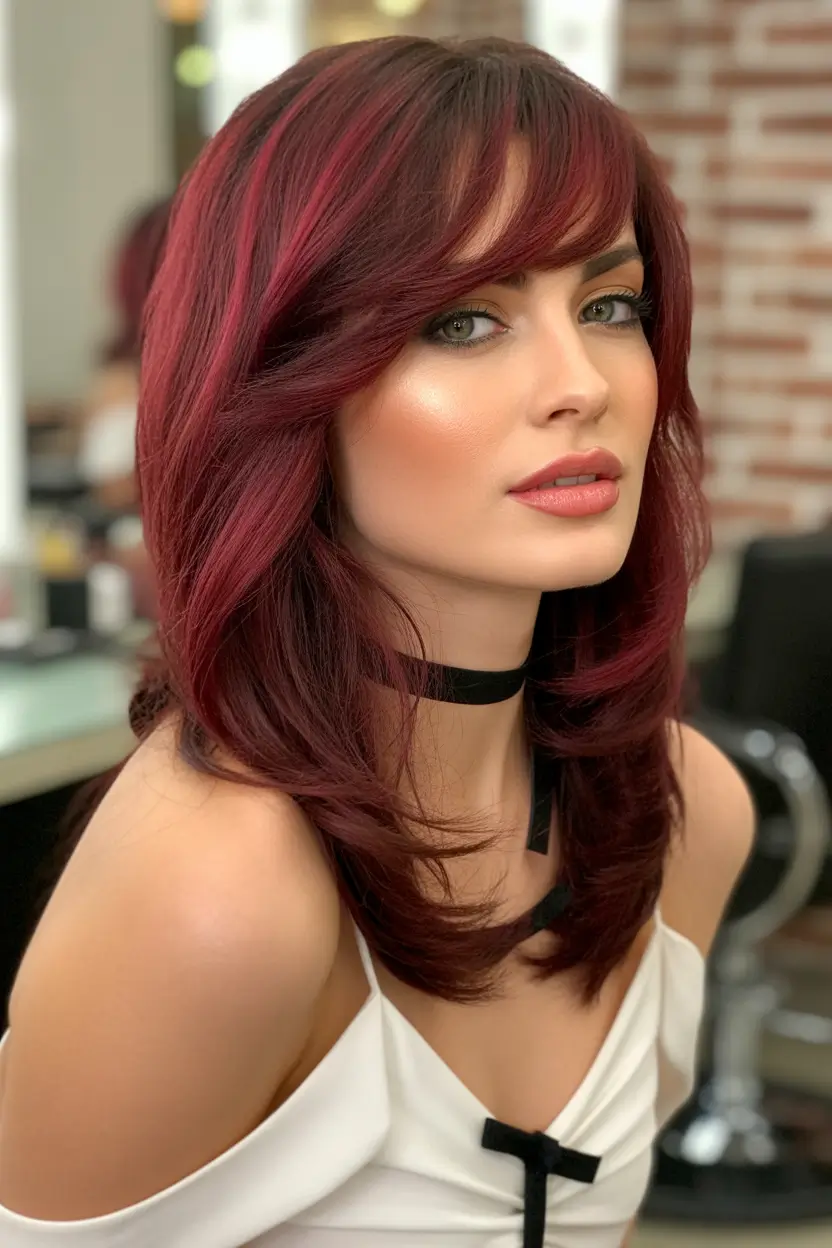 Fall haircut with bangs Chic Cherry Layers with Bite