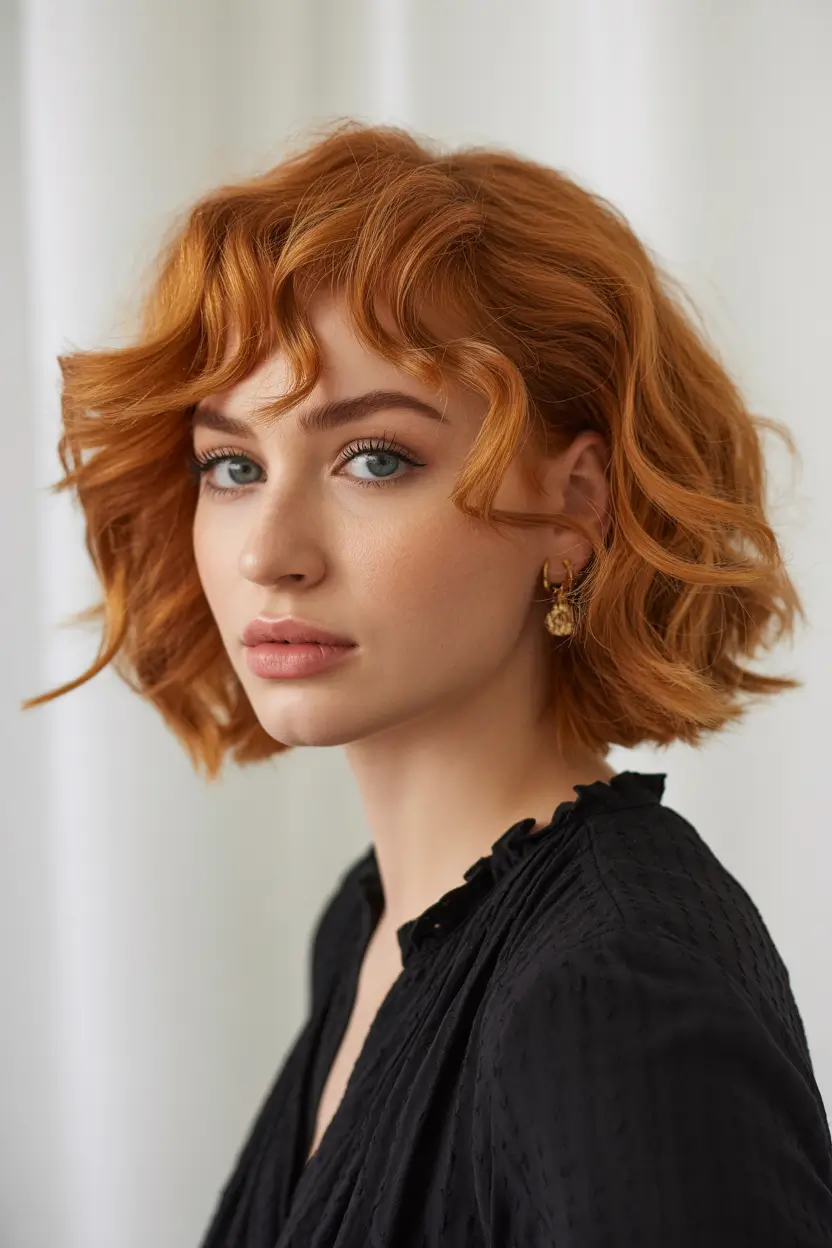 Fall haircut with bangs Playful Curls with an Effortless Fringe