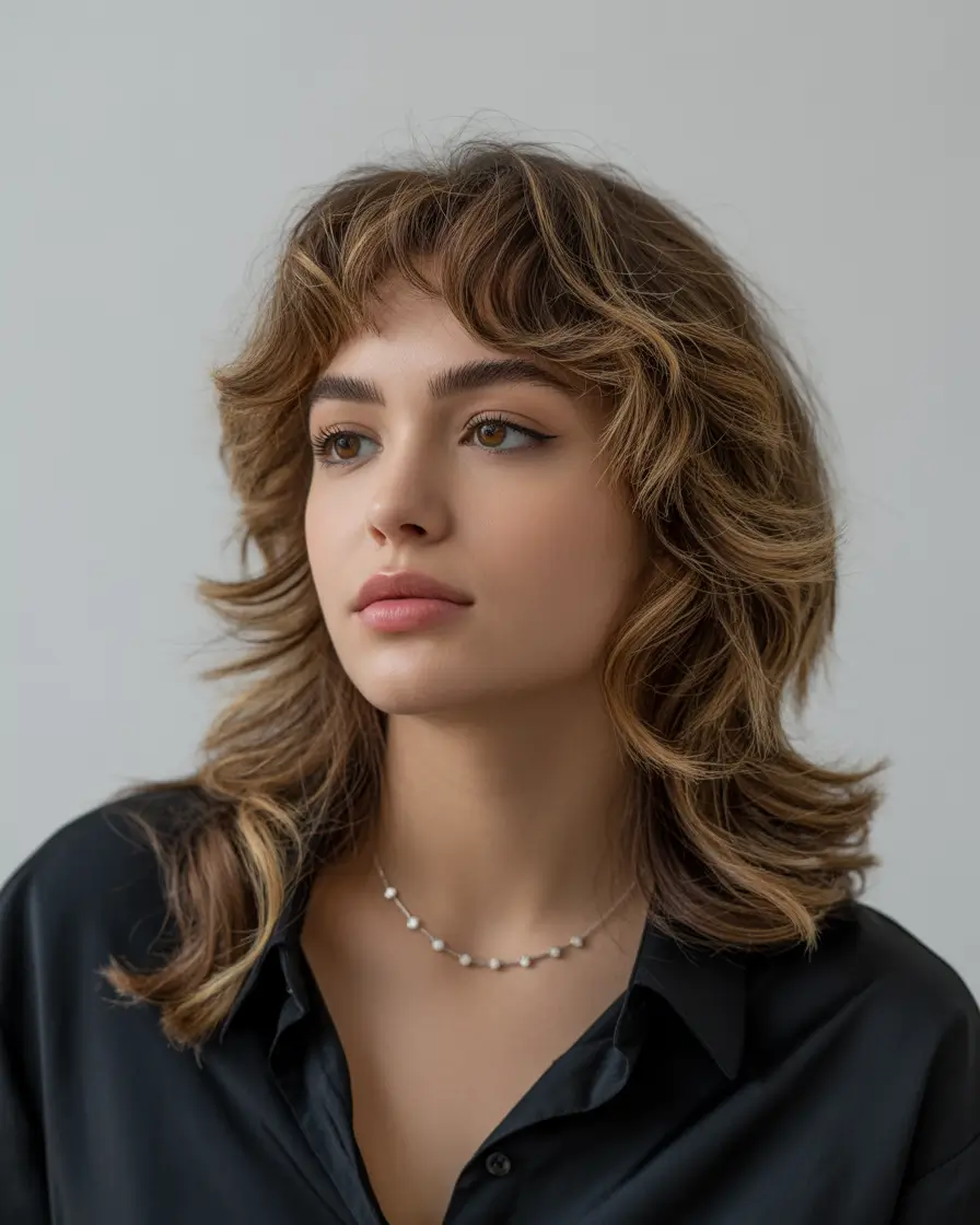 Fall haircut with bangs Textured Midi Layers with Wispy Bangs