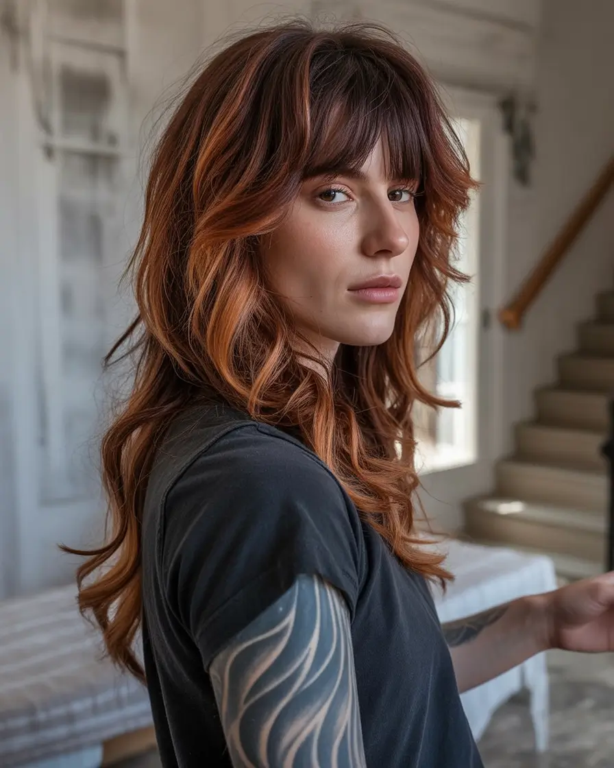 Fall haircut with bangs Dimensional Red Long Layers with Bardot Bangs