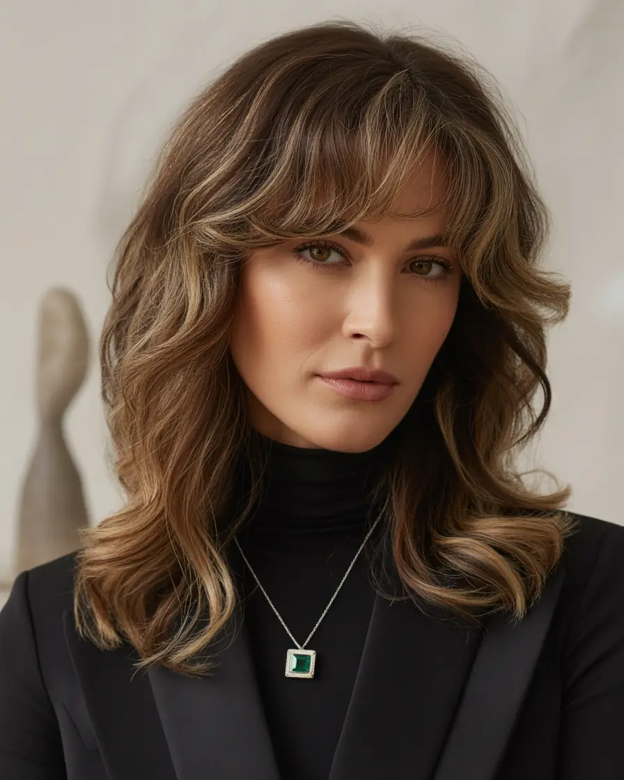 Fall haircut with bangs Elegant Face-Framing Waves with Micro Layers