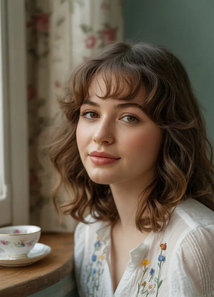 Fall haircut with bangs Cozy Midlength Curly Bob with Wispy Bangs