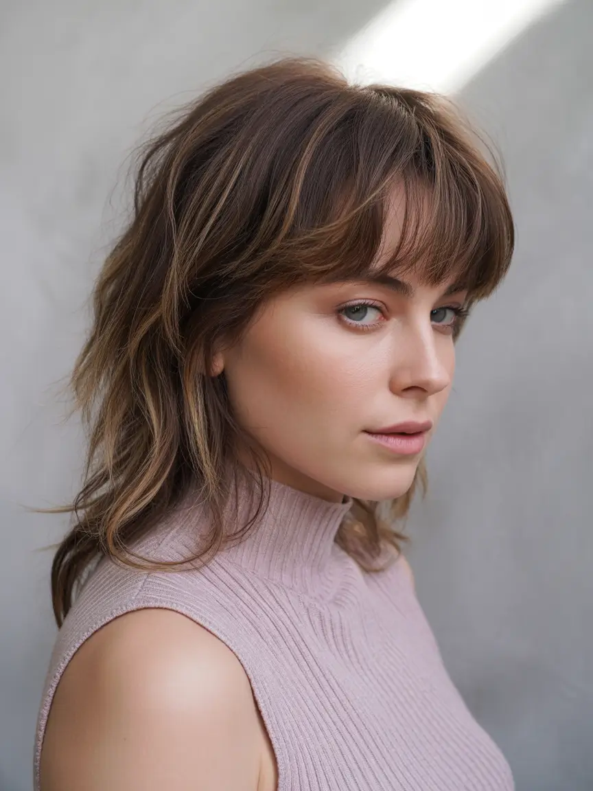 Fall haircut with bangs Dimensional Medium Wolfcut with Full Fringe