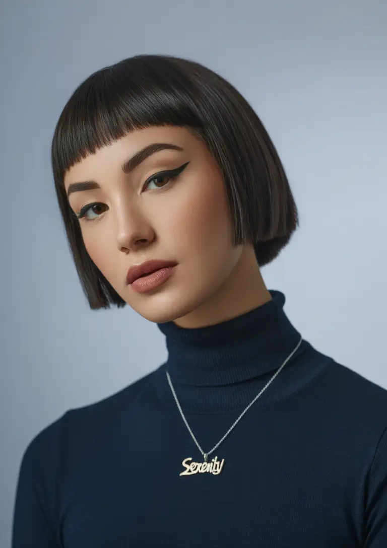 Fall haircut with bangs Graphic Precision Meets Jet-Black Drama