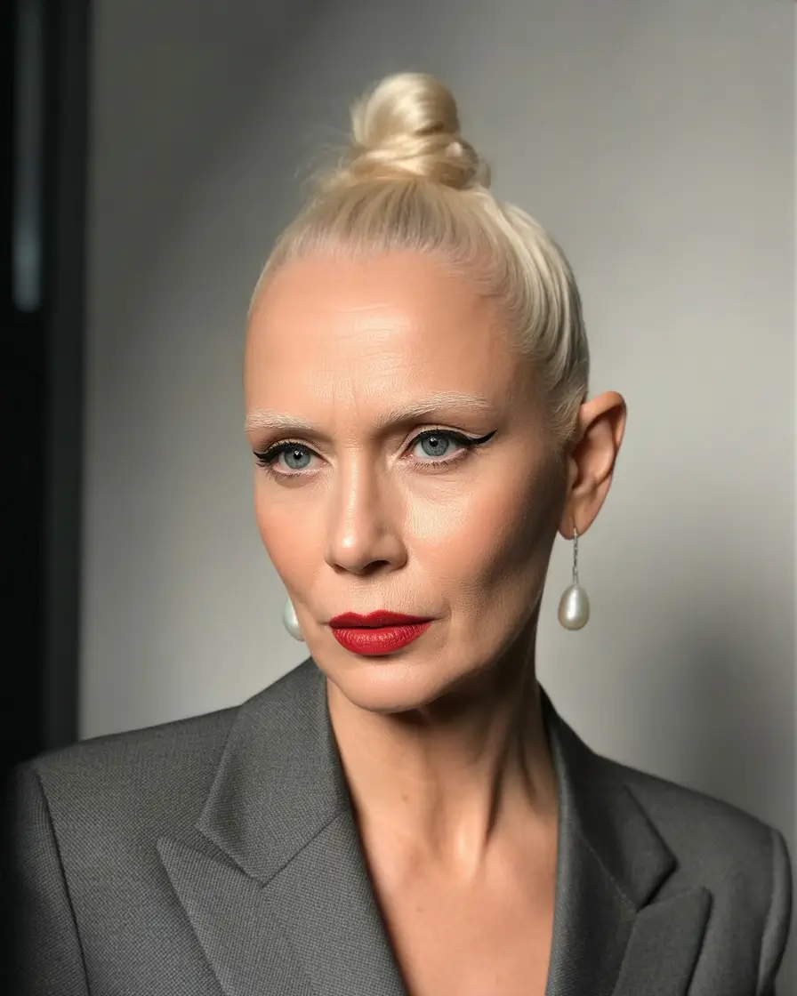 Fall hairstyles for women over 50 Sculpted Sleek Top Knot for the Bold