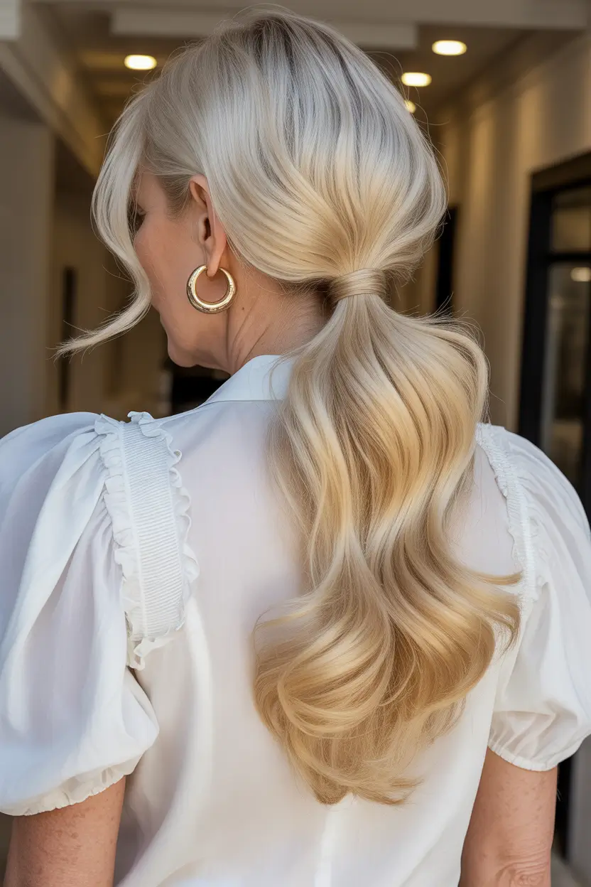 Fall hairstyles for women over 50 Sculpted Ponytail with Face-Framing Waves