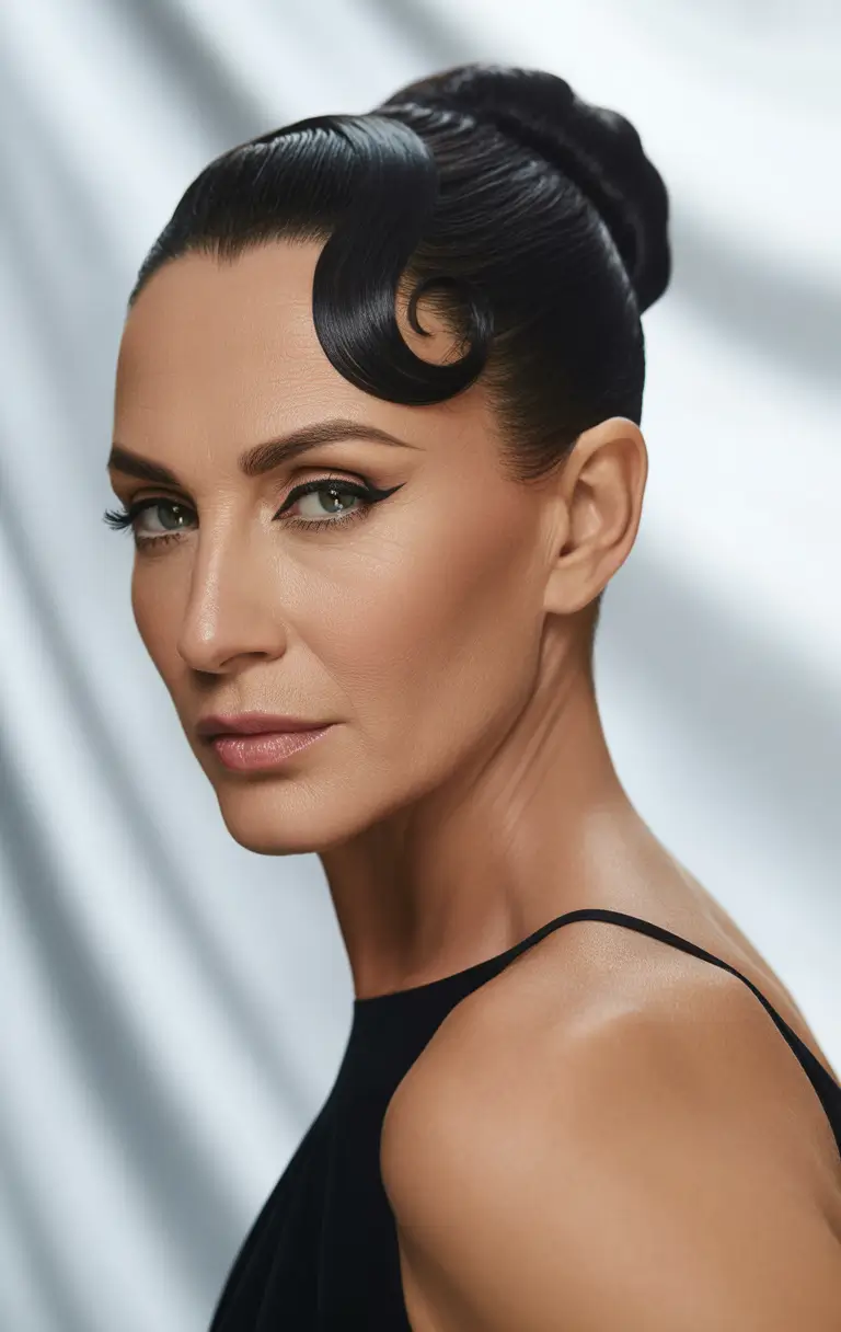 Fall hairstyles for women over 50 Retro Sculpted Updo with S-Curve Bang