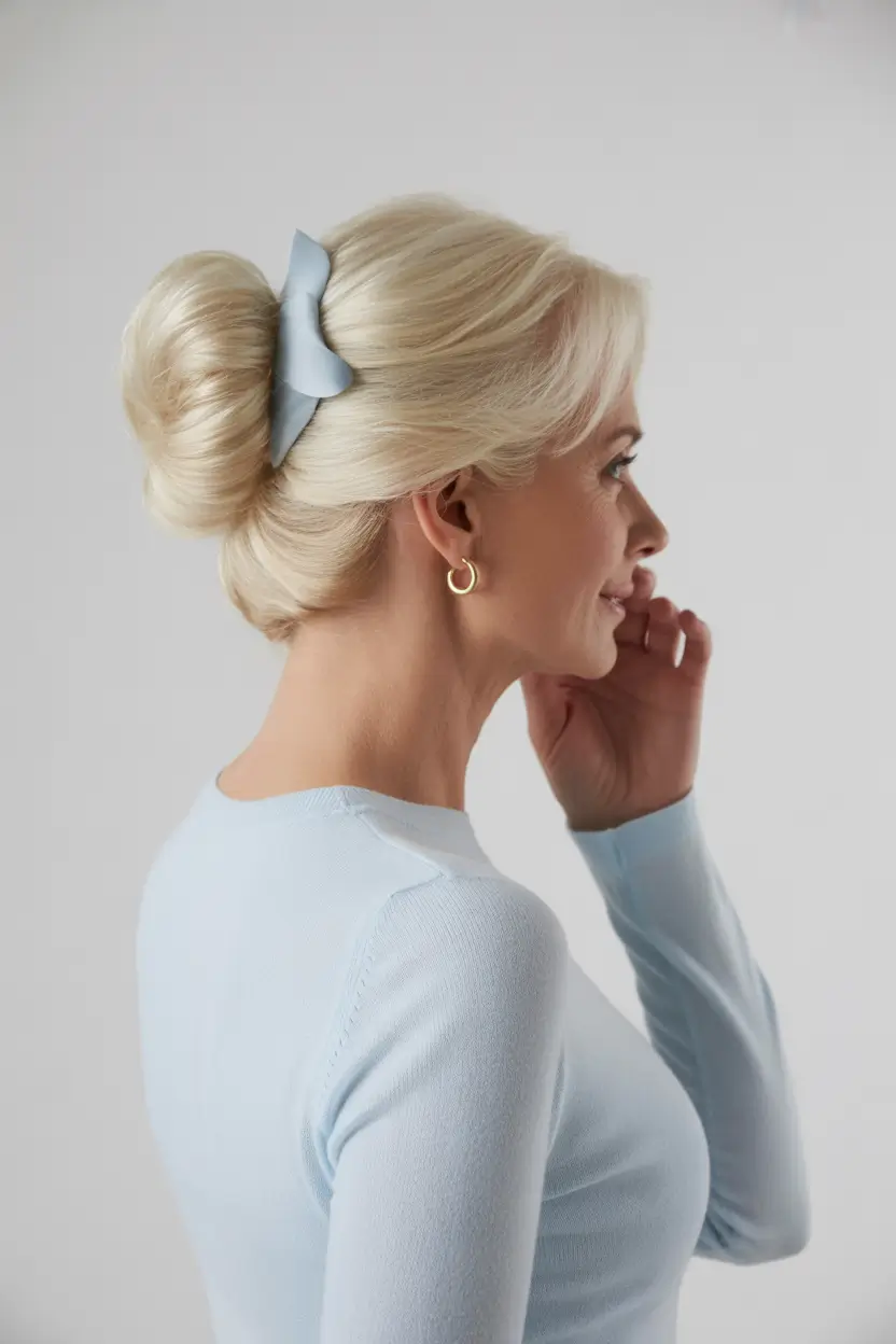 Fall hairstyles for women over 50 Smooth French Roll with a Soft Blue Bow