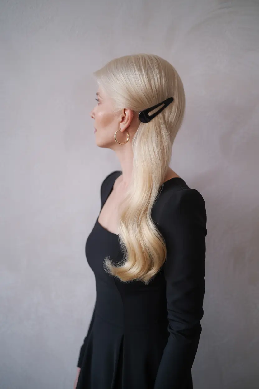 Fall hairstyles for women over 50 Sleek Platinum Cascade with Side Clip