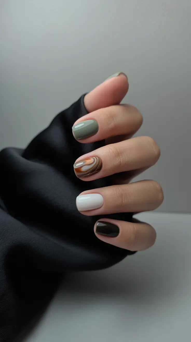 Fall Nail Color Ideas for Women Over 40 Earthy Tones with a Swirled Statement