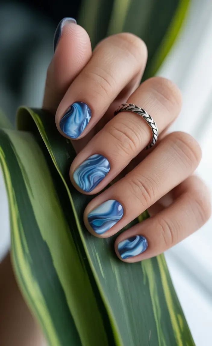 Fall Nail Color Ideas for Women Over 40 Midnight Marble in Ocean Blues