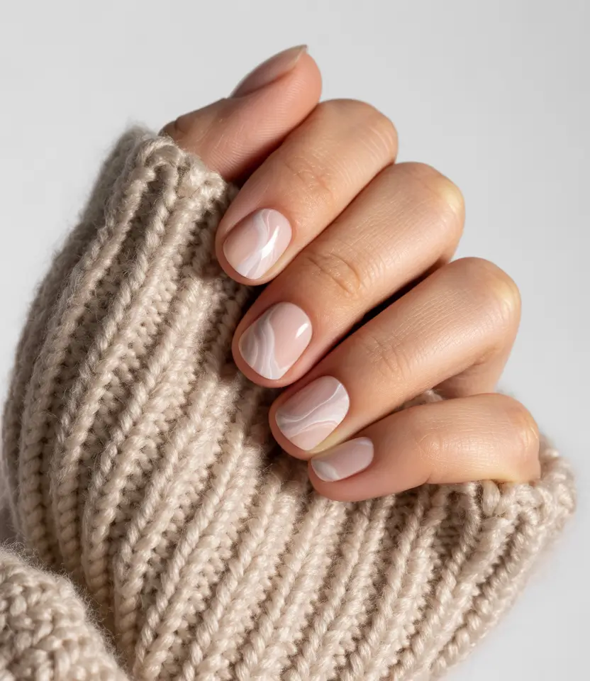Glossy Beige with Soft White Swirls+Best Fall 2025 Nail Color Ideas for Women Over 40
