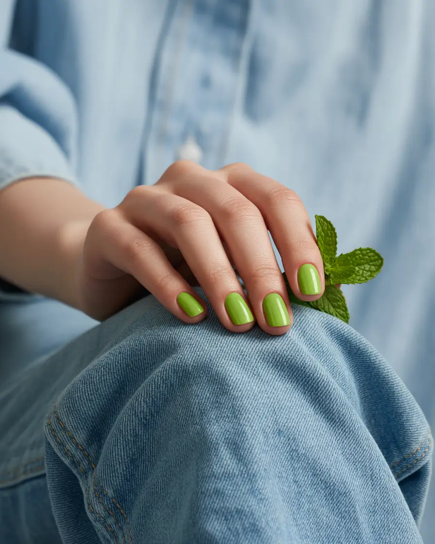 Fall Nail Color Ideas for Women Over 40 Bold Botanical Green That Pops Against Denim