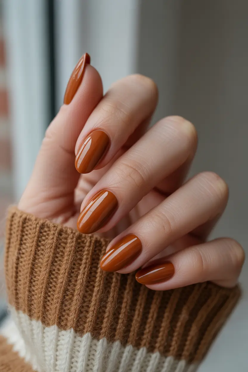 Pumpkin-Spice Burnt Orange with an Almond Shape+Best Fall 2025 Nail Color Ideas for Women Over 40