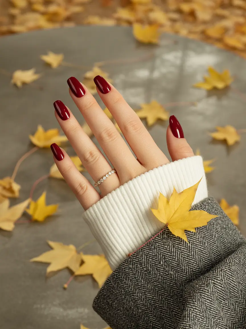 Deep Wine Red on Tapered Medium-Length Nails+Best Fall 2025 Nail Color Ideas for Women Over 40