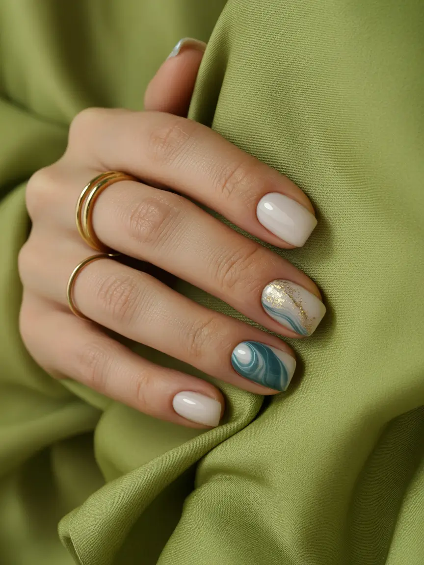 Fall Nail Color Ideas for Women Over 40 Muted Marble with Hints of Gold