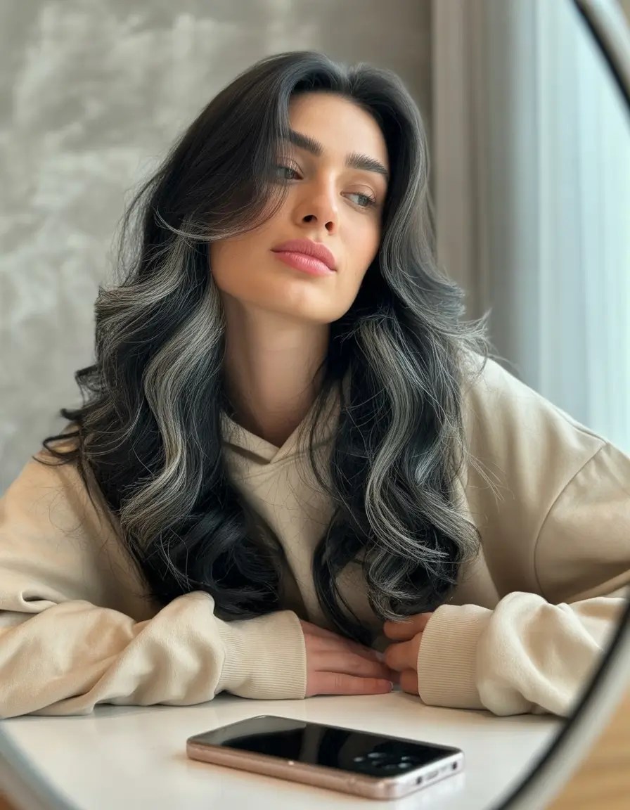 Fall hair color ideas for black hair Soft Charcoal Highlights for a Subtle Edge