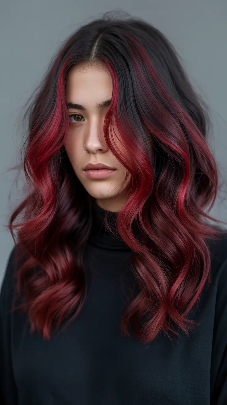 Red Fall hair color ideas for black hair Crimson Cherry Melt with Black Root Depth