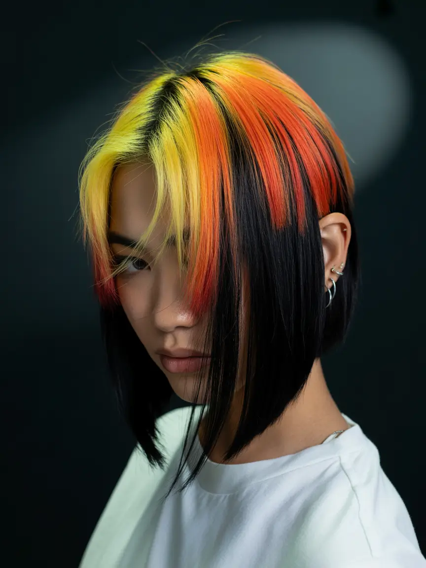 Blonde Red Fall hair color ideas for black hair Sunfire Color Blocking with Geometric Precision