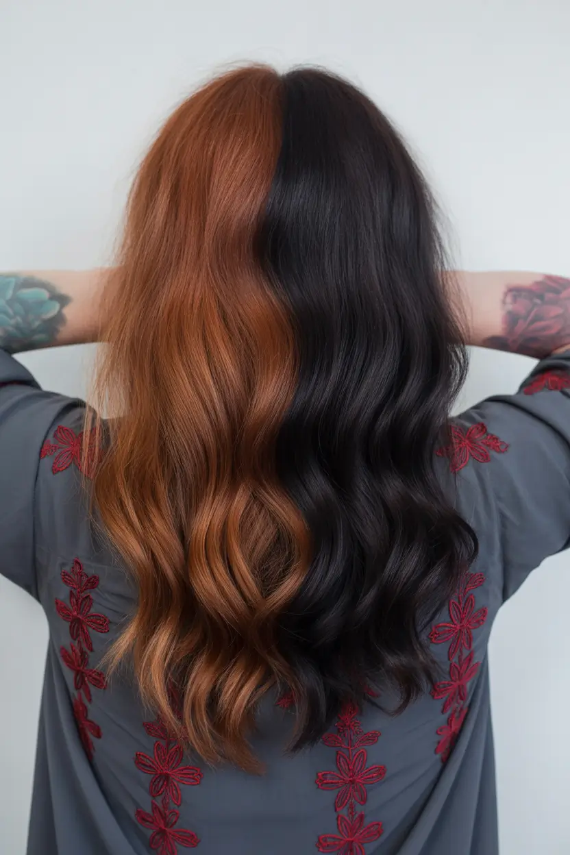 Fall hair color ideas for black hair Split Decision: Warm Cinnamon & Midnight Black