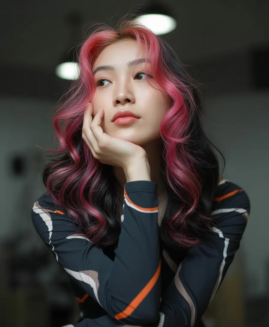 Pink Fall hair color ideas for black hair Romantic Pink Face Frame with Black Base