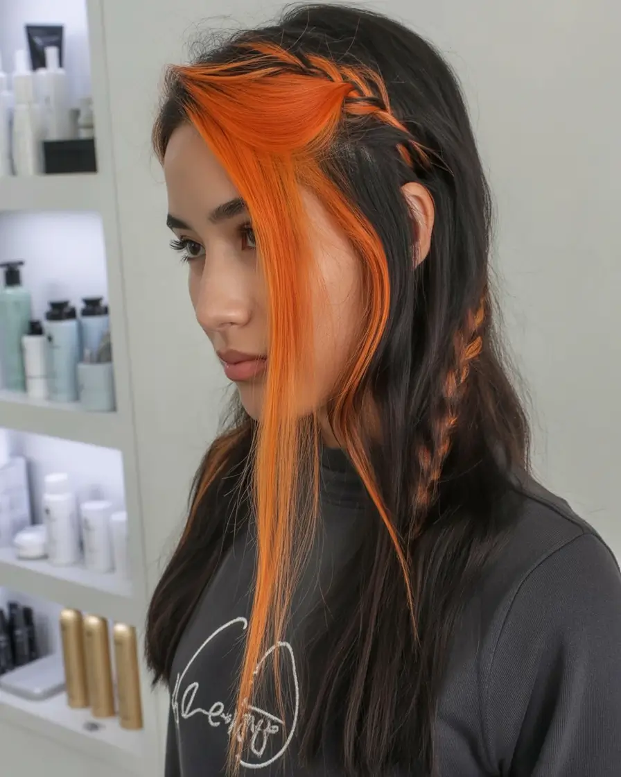 Fall hair color ideas for black hair Mandarin Peekaboo Braids