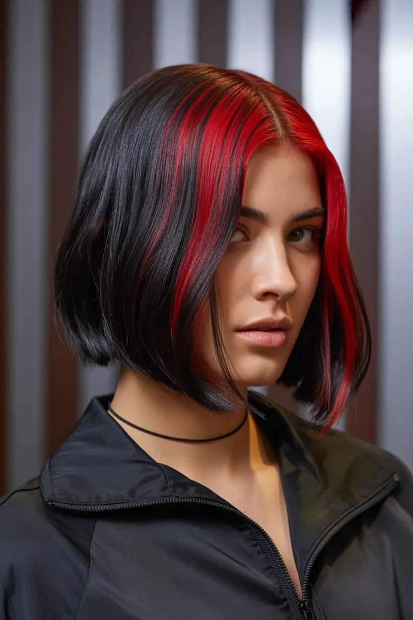 Red Fall hair color ideas for black hair Chic Crimson Block with Precision Bob