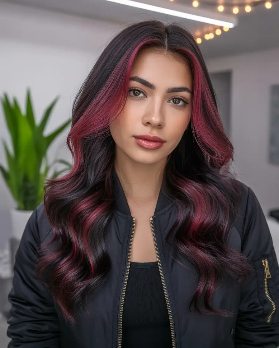 Peekaboo Fall hair color ideas for black hair Burgundy Flame Ribbon Waves