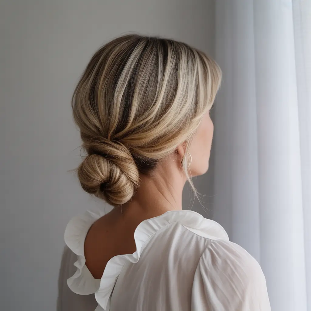Fall hairstyles for women over 40 Low Twisted Knot for Everyday Sophistication
