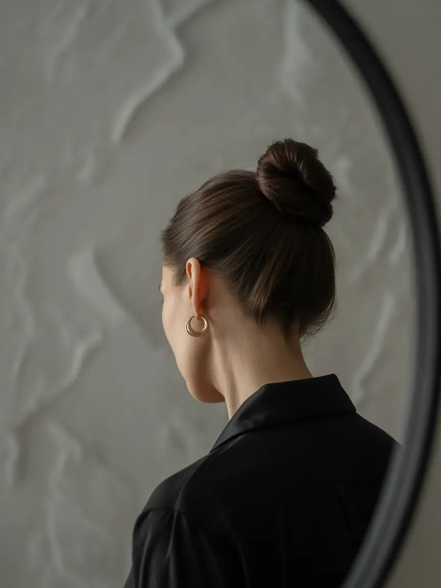 Fall hairstyles for women over 40 Contoured Top Knot with Parisian Vibe