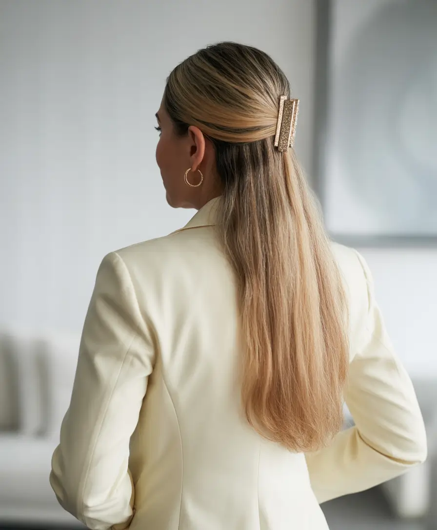 Fall hairstyles for women over 40 Polished Half-Up With Luxe Clip