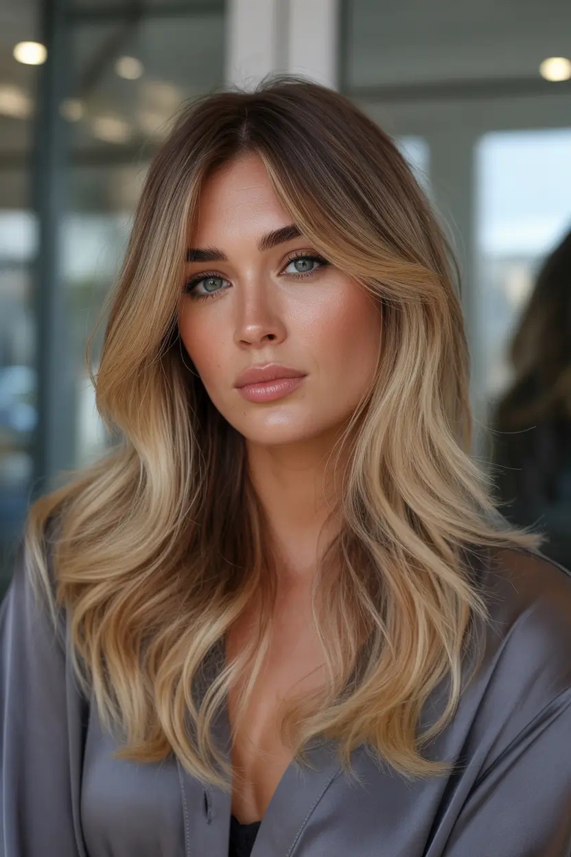 caramel autumn fall hair colors Warm Root Fade with Face-Framing Butterlights