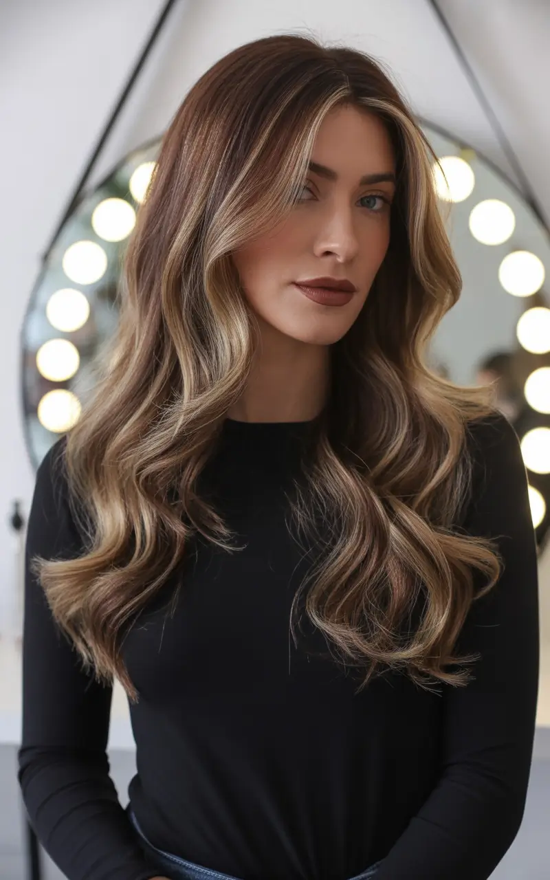 caramel autumn fall hair colors High-Contrast Mocha Blonde Lights