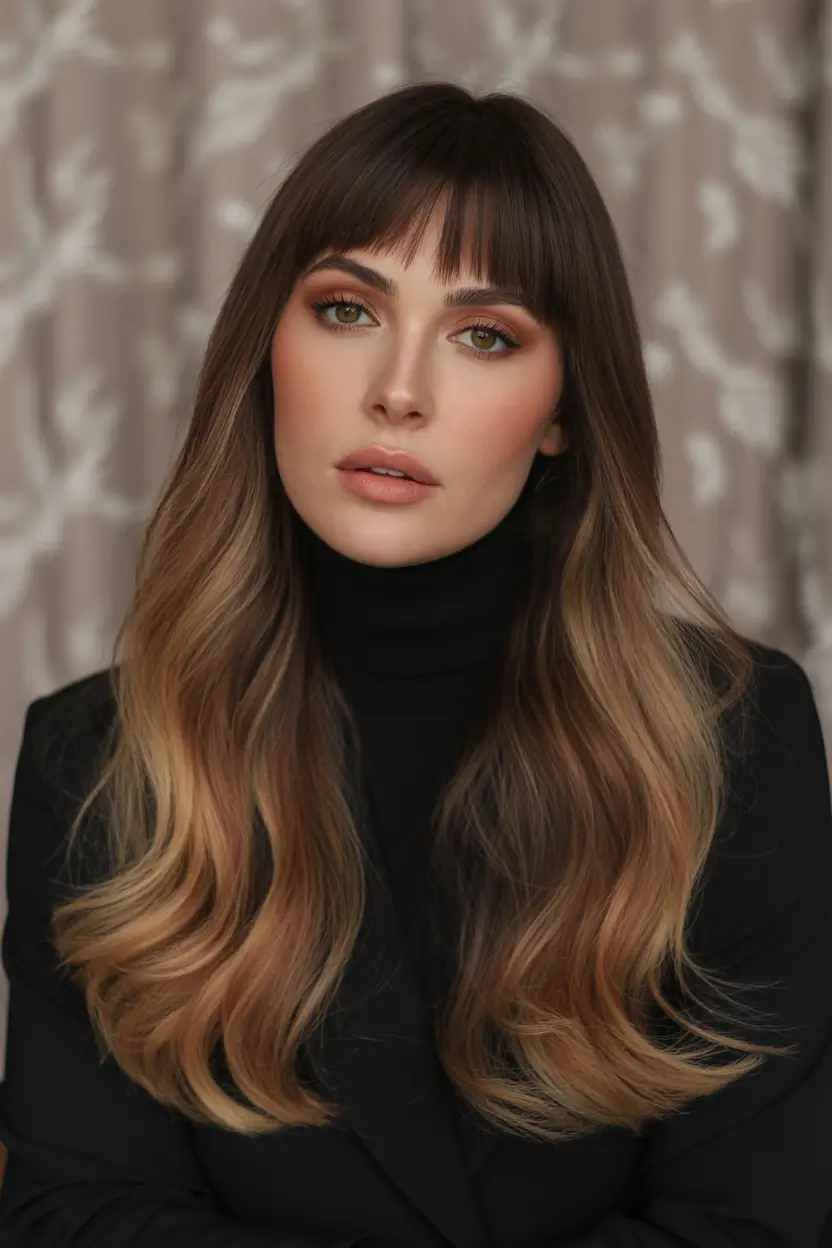caramel autumn fall hair colors Cocoa-Maple Ombre with Curtain Bangs