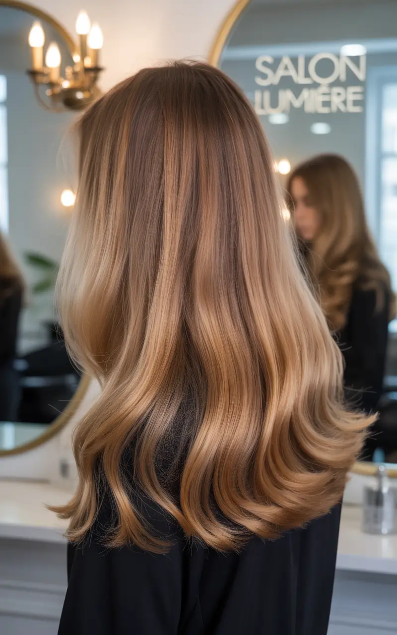 caramel autumn fall hair colors Warm Beige Balayage with Liquid Shine Finish