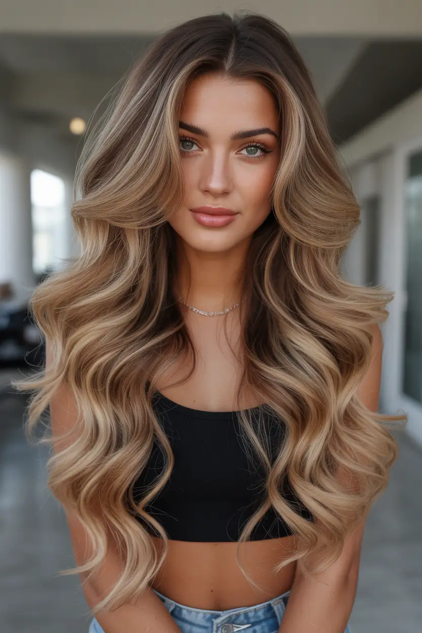 caramel autumn fall hair colors Hollywood Blonde with Smoky Root Melt