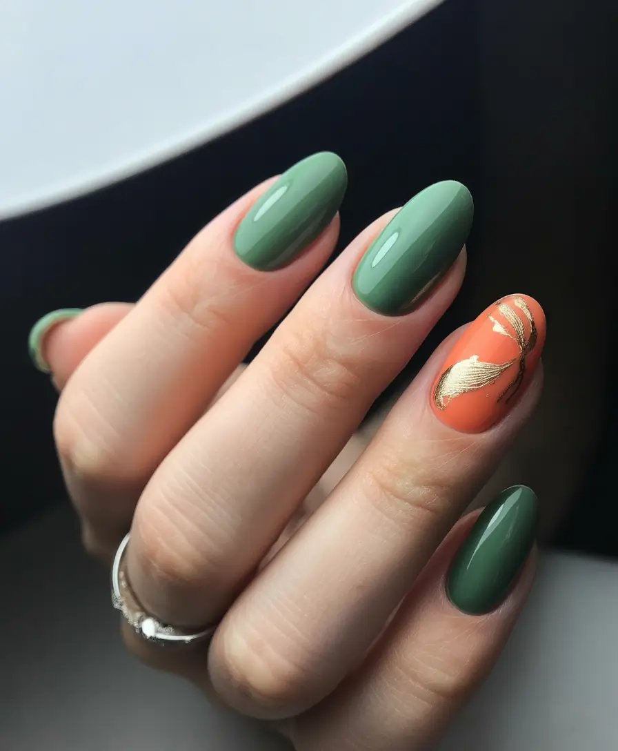 Sage Green Burnt Tangerine Almond Gel Early Fall Nails 2025
