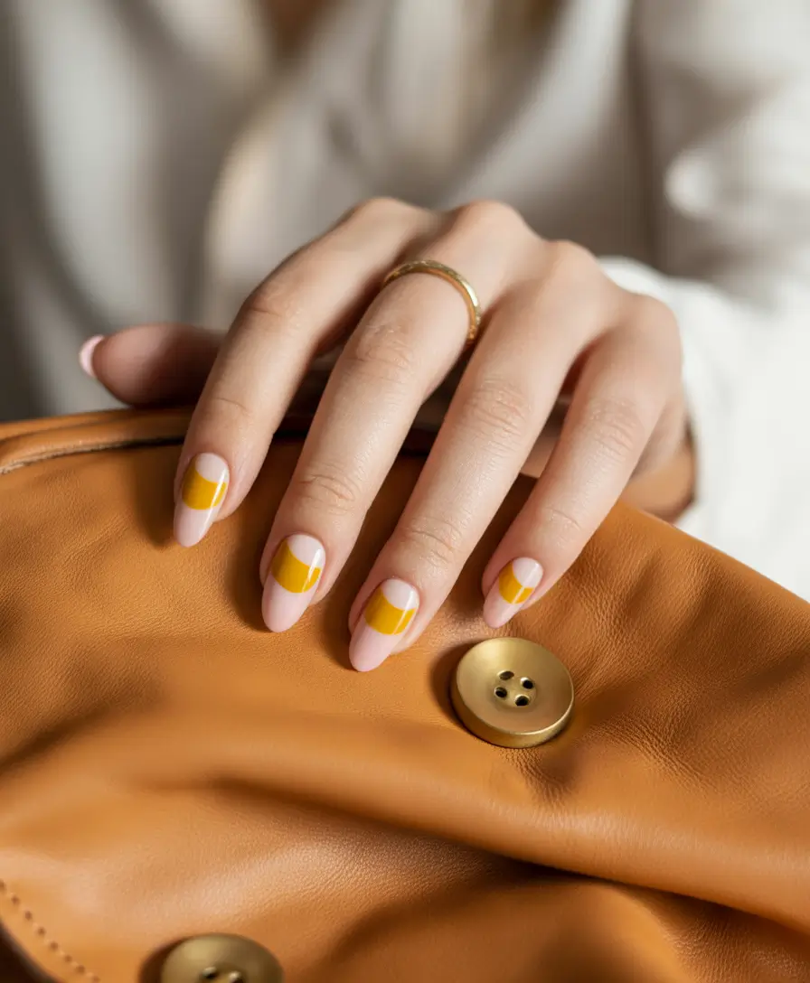 Mustard Yellow Colorblock Almond Nails Gel Fall Design 2025