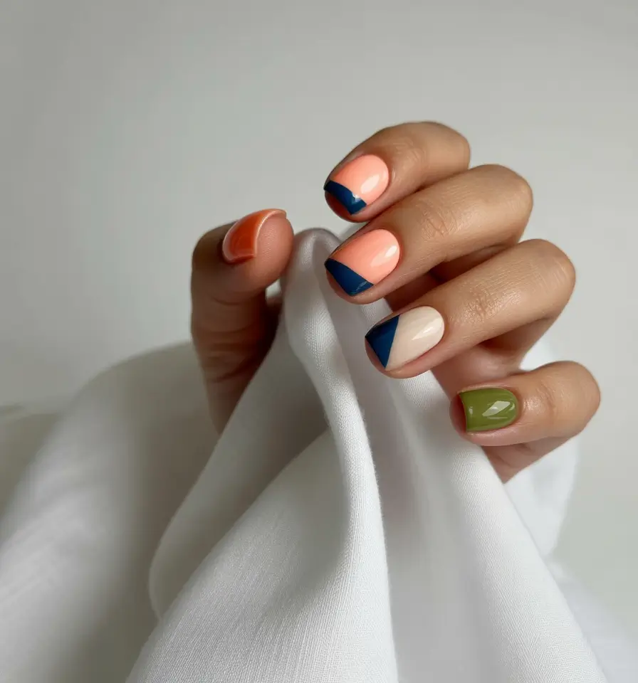Colorblocked Short Nails Artsy Neutral Blue Peach Fall 2025