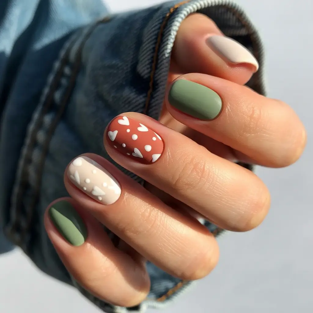 Matte Heart Polka Dot Sage Green Terracotta Short Nails 2025