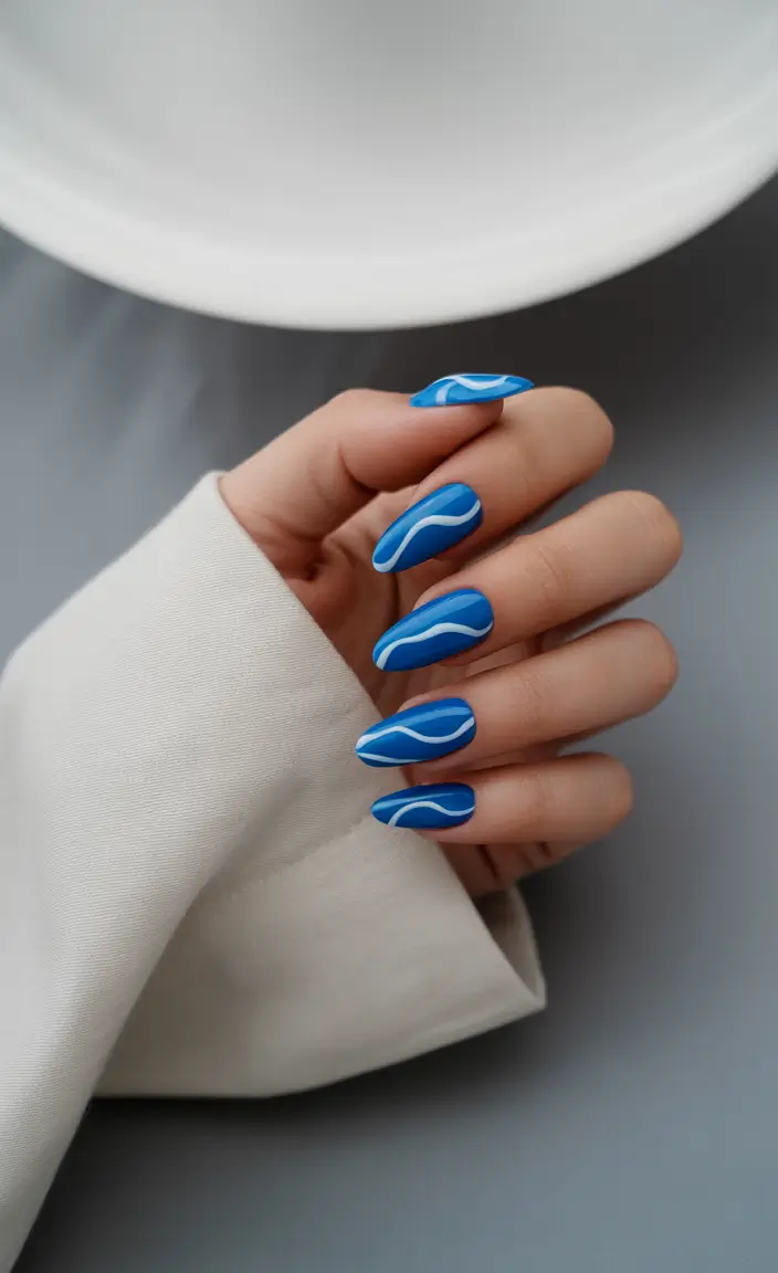Blue Nails Almond Shape Wave Design Early Fall