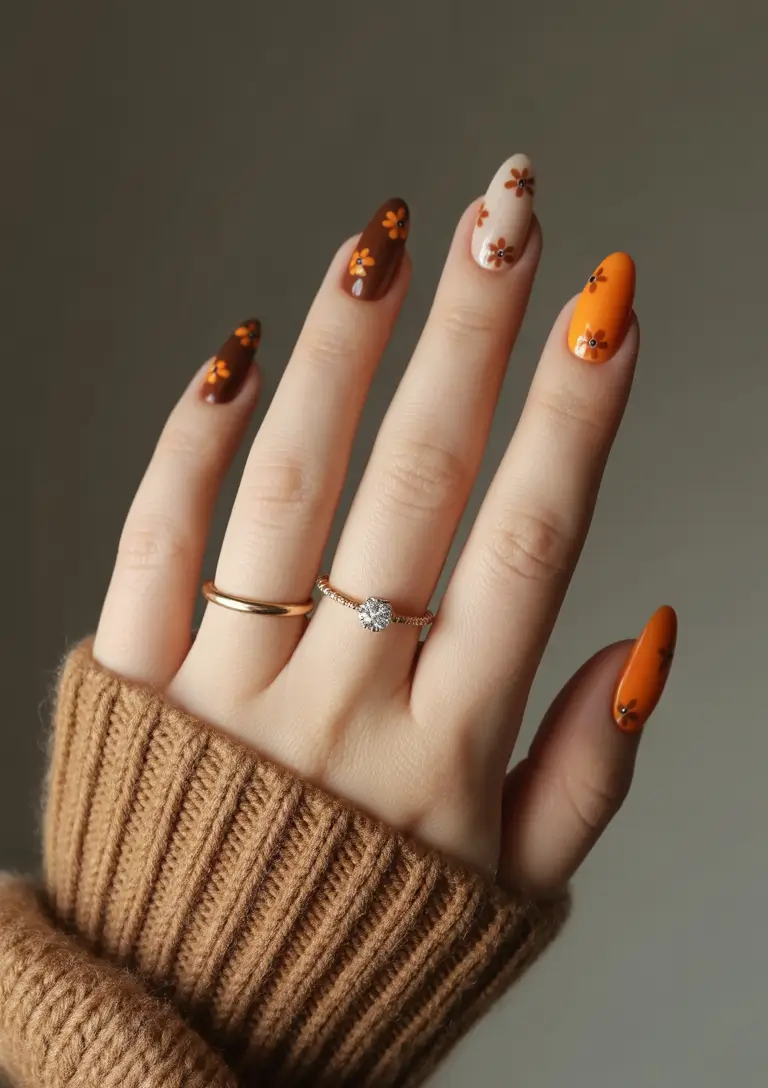 Chocolate Floral Neutral Almond Fall Gel Nails 2025