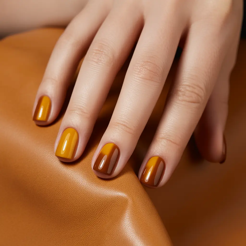 Short Square Nails Brown Yellow Caramel Honey Fall Colors 2025