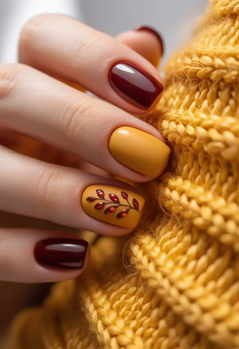 Fall Nails Mustard Garnet Leaf Design Short Square Colors 2025