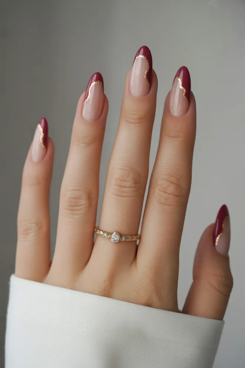 Burgundy French Tip Almond Gel Nails Gold Fall Design 2025